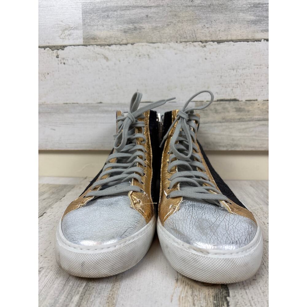 P448 Womens 10 Black Metallic Leather High Top Gold Lace Up Casual Sneakers